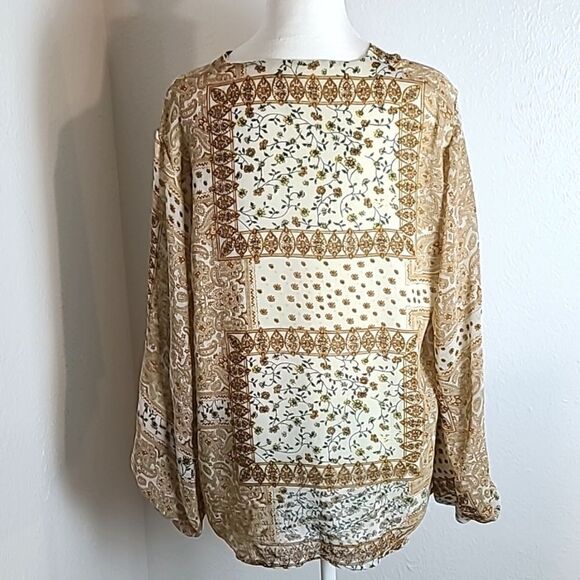 Entro Gold & Beige Floral Patchwork Blouse, Long Lantern Sleeves, Size XL - Picture 6 of 9